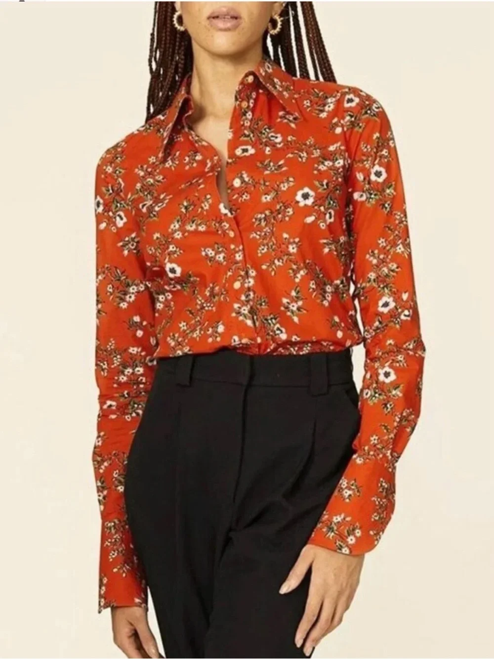 Tory Burch 100% Cotton Red Floral Oxford Button Up Shirt size 4